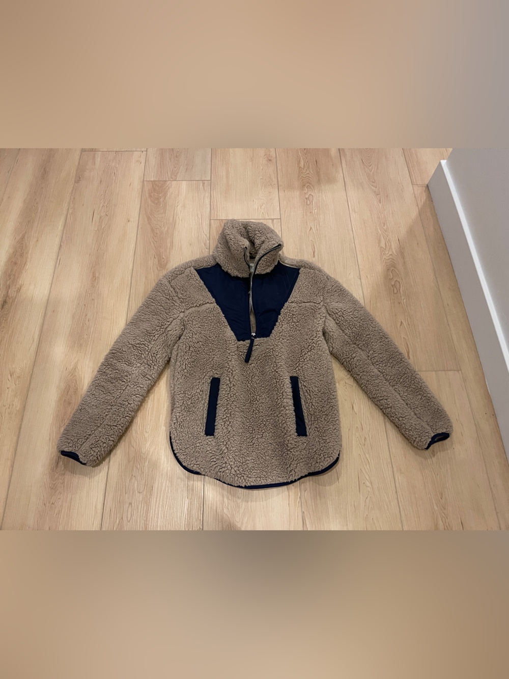Abercrombie & Fitch Taupe Sherpa Jacket with Navy Panels
